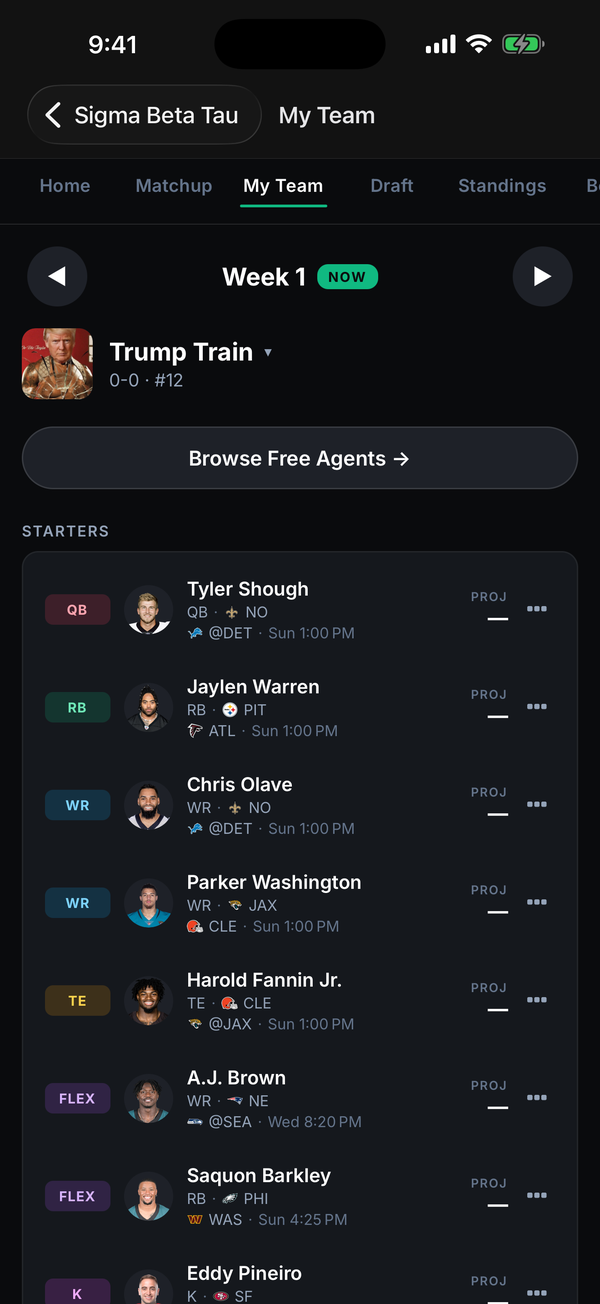 My Team — your football roster on the League Advantage iOS app