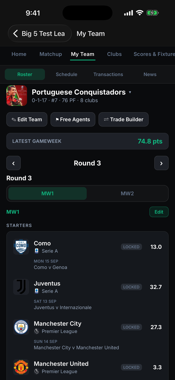 My Team — your soccer club roster on the League Advantage iOS app